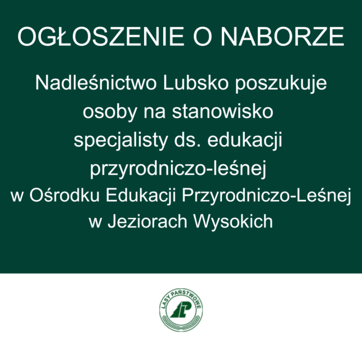 Grafika - tekst ogłoszenia o naborze na ciemnozielonym tle; na dole grafiki zielone logo Lasów Państwowych na białym tle.